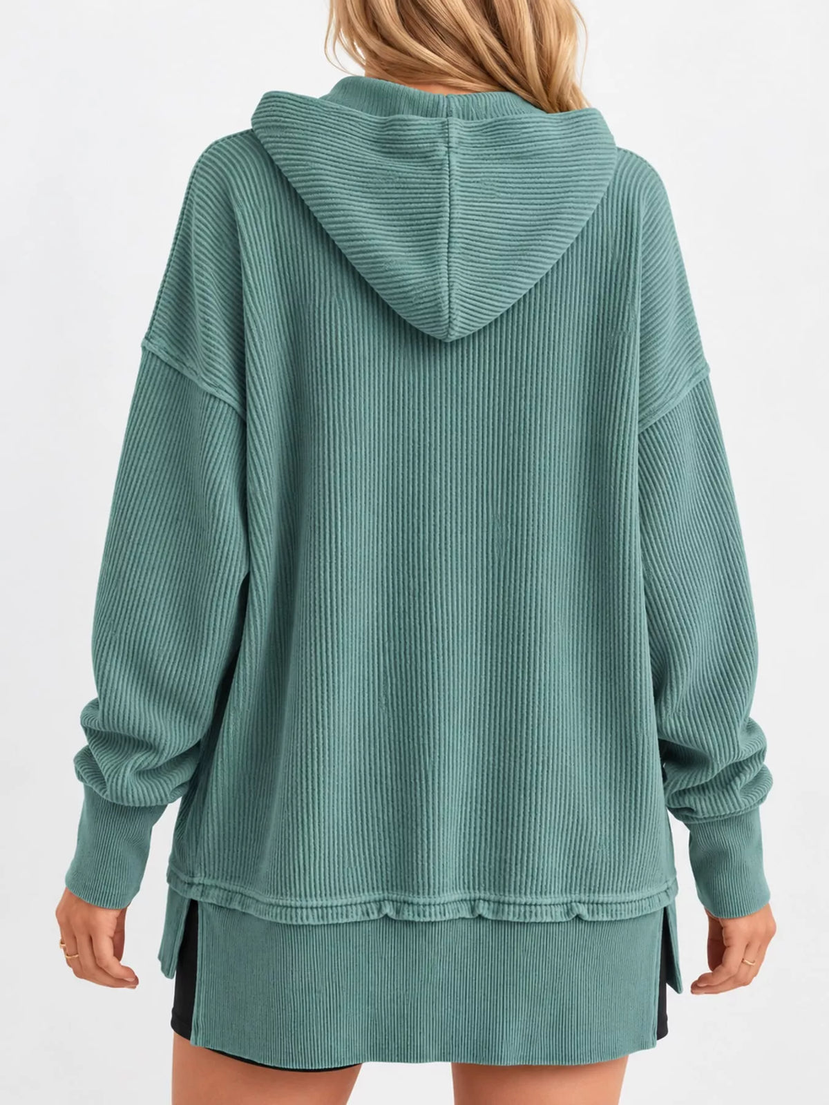 Women's Snap Button Placket Dropped Shoulder Hoodie in teal — back view