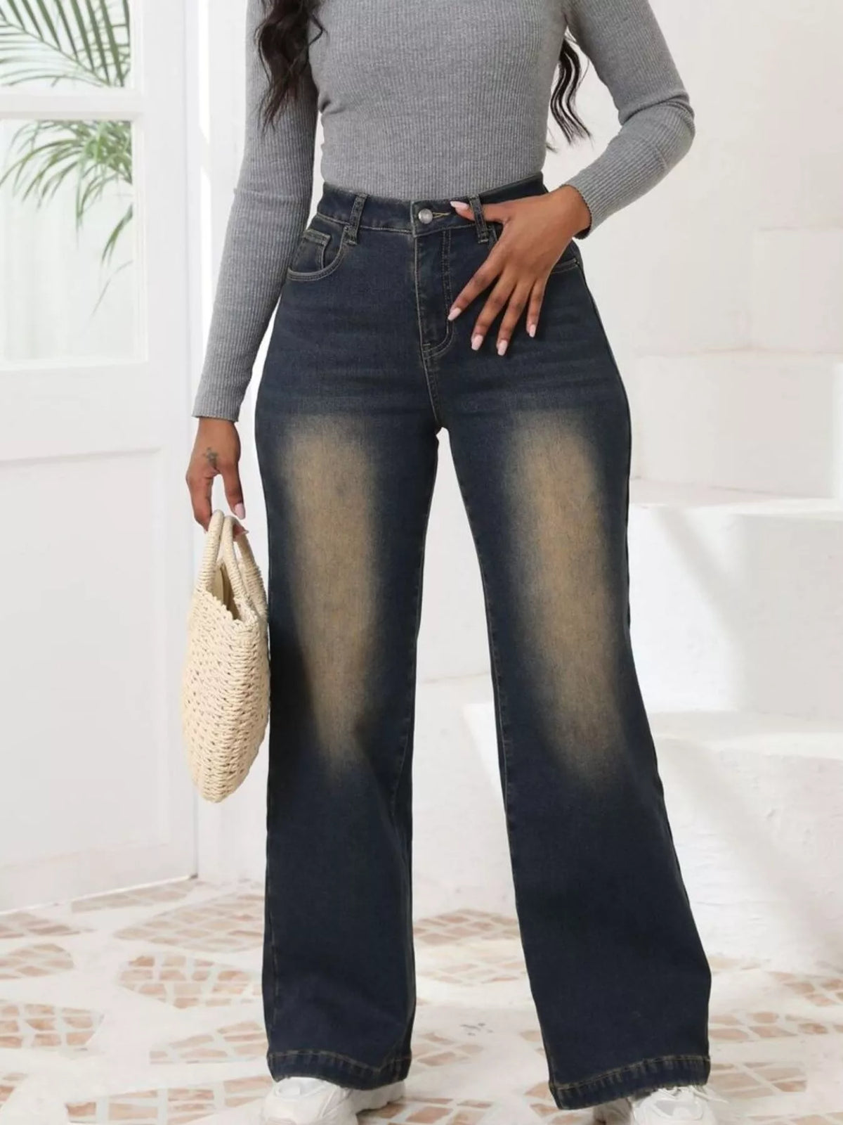 Navy blue high-waisted washed wide-leg jeans