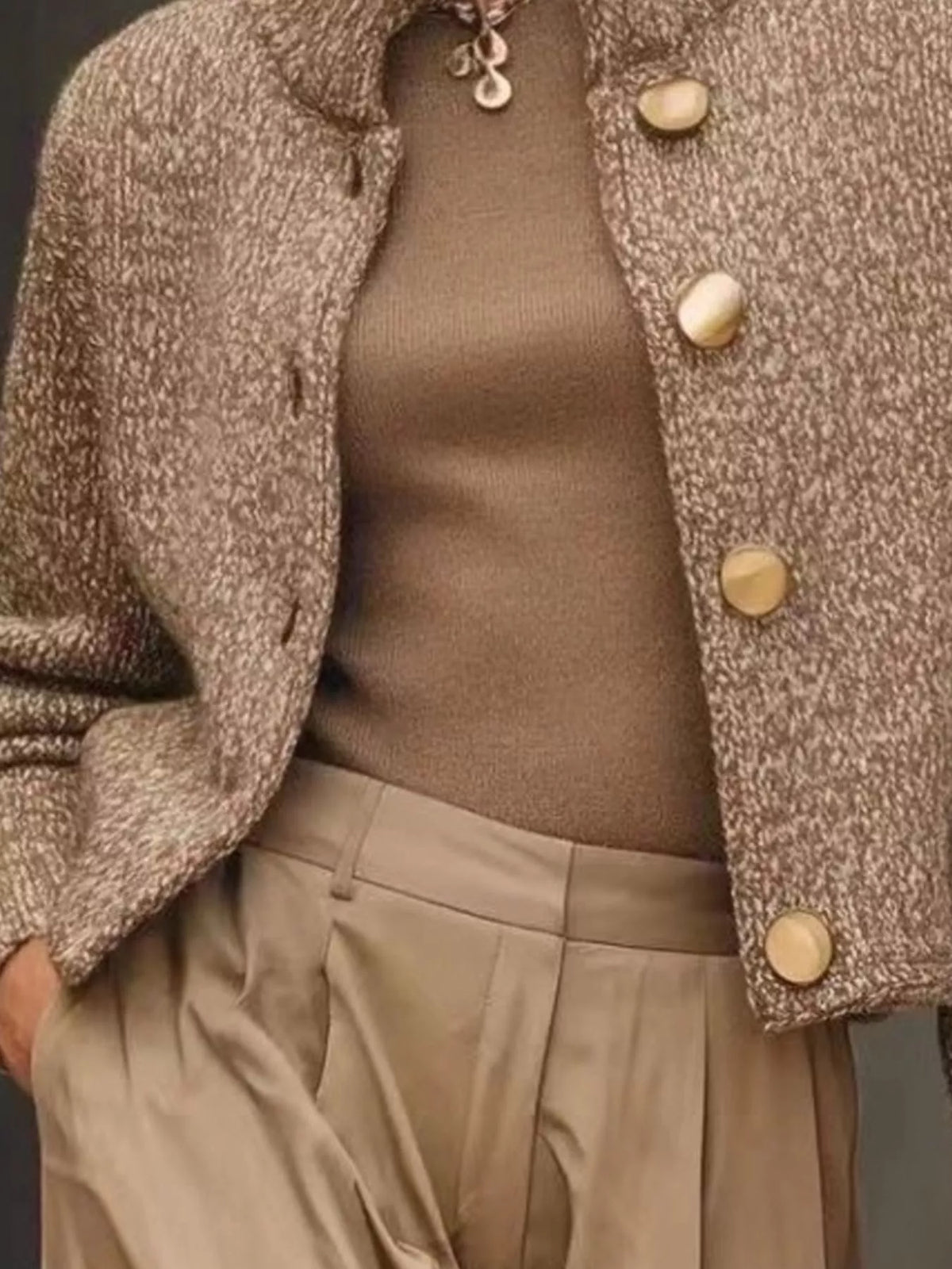 Button-Down Long Sleeve Cardigan in taupe, button and knit detail