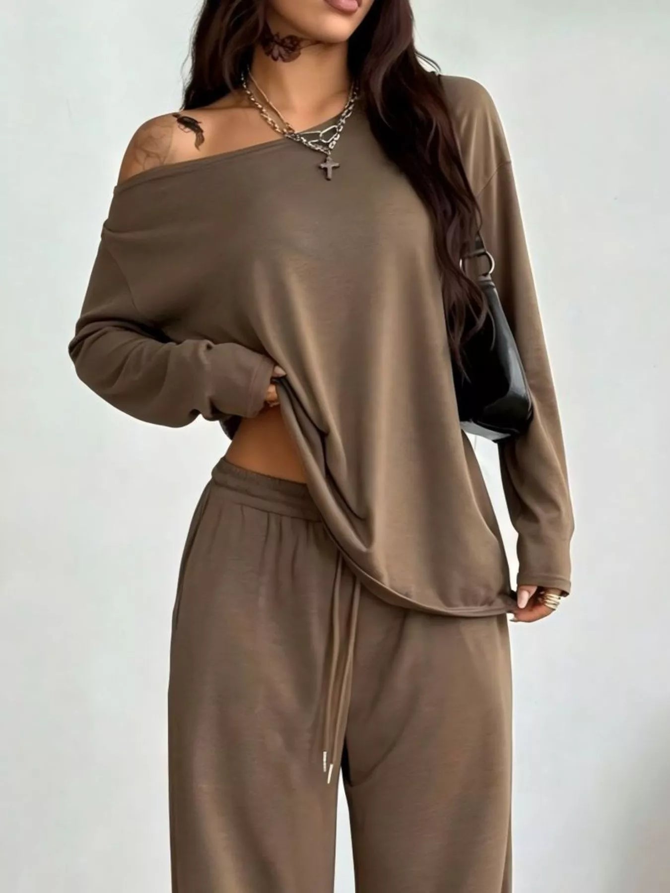 Trendsi Full Size One-Shoulder Top and Drawstring Pants Set Plus Size -
