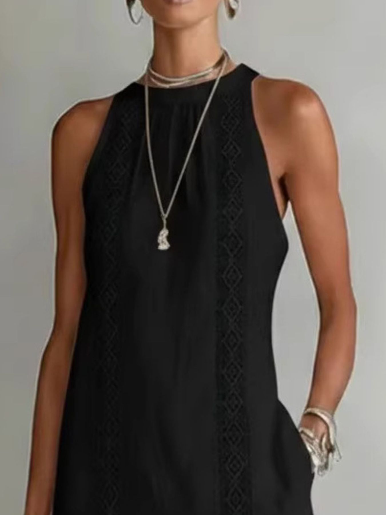 Trendsi Side Slit Sleeveless Hollow-Out Trimmed Midi Dress -