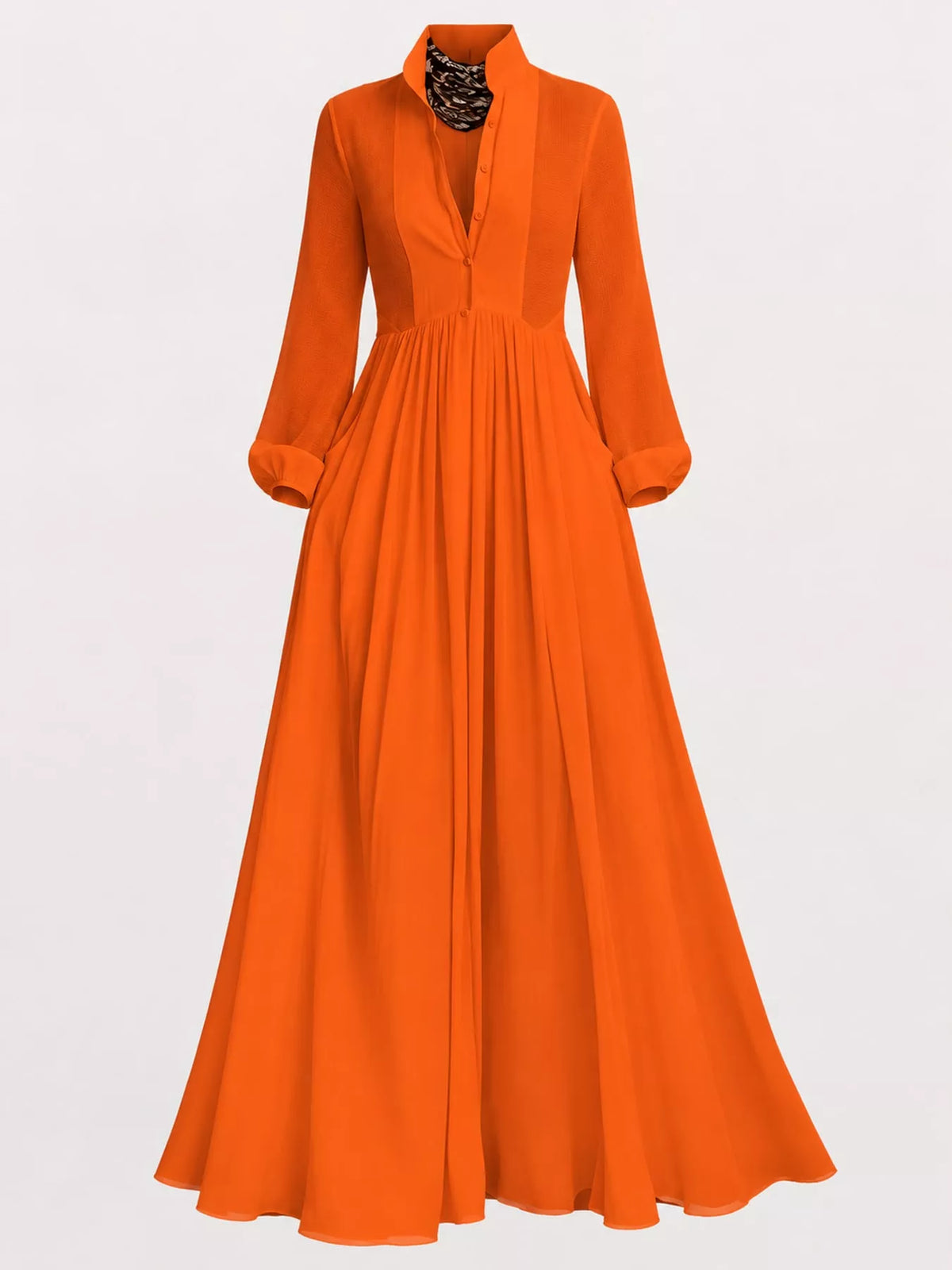 Orange long sleeve button-front maxi dress, product view