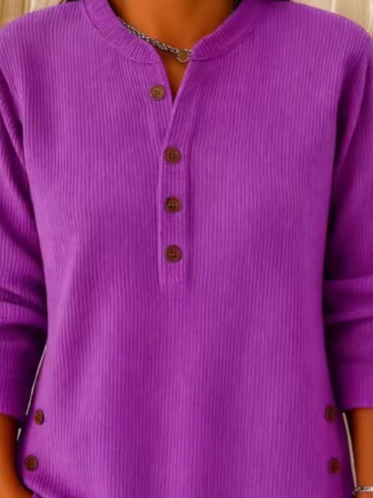 Women's Button Detail Corduroy Top in Dark Purple, alternate view