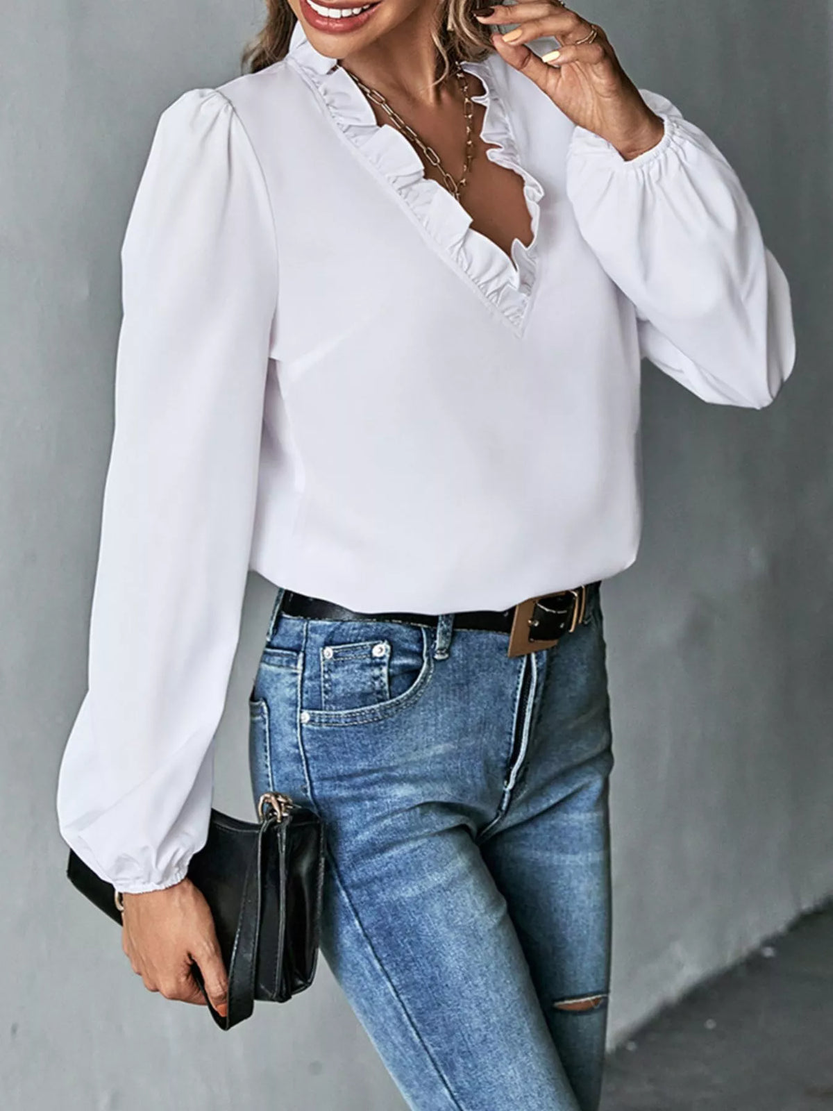 Ruffled trim v-neck blouse