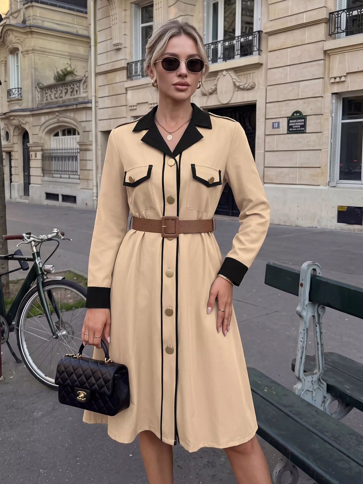 Contrast lapel button front midi shirt dress