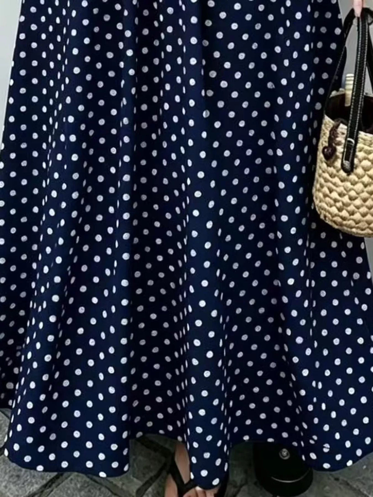 Women's Strapless Polka Dot Ruched Maxi Dress in navy dots — print detail view
