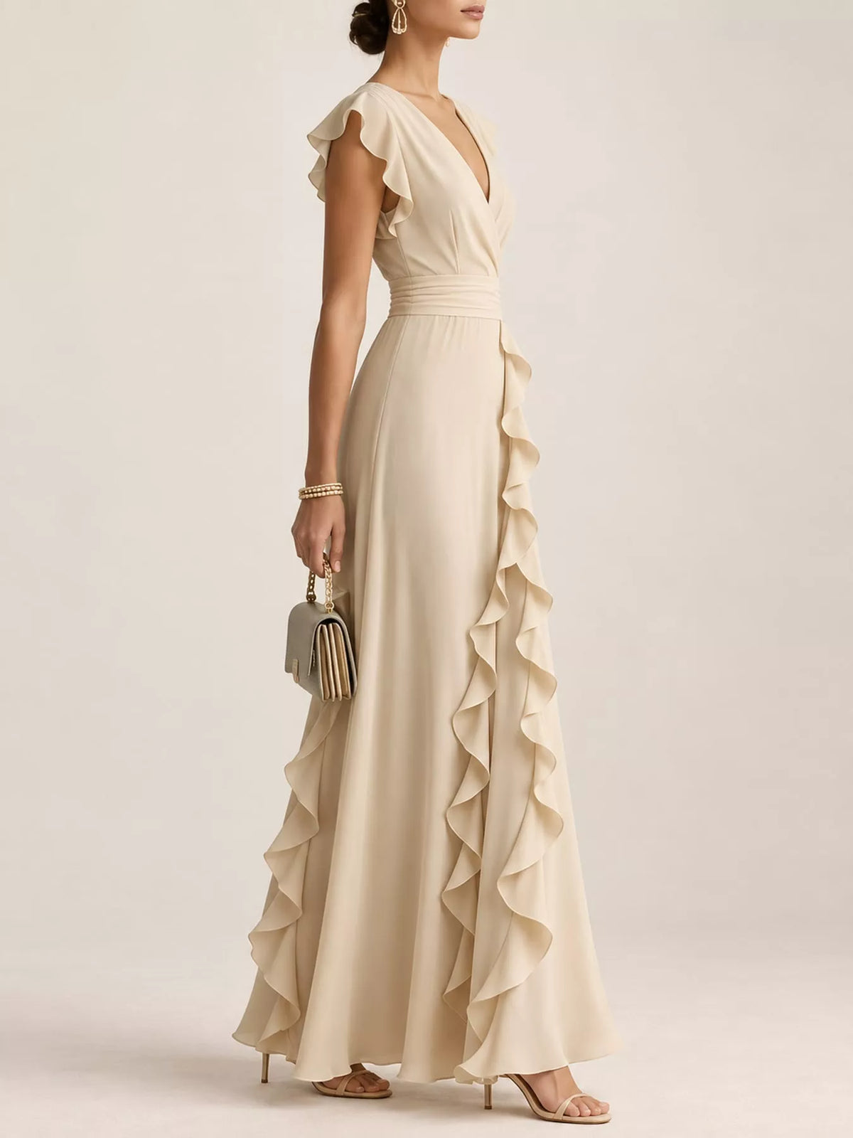 Cream ruffled surplice maxi dress, side view