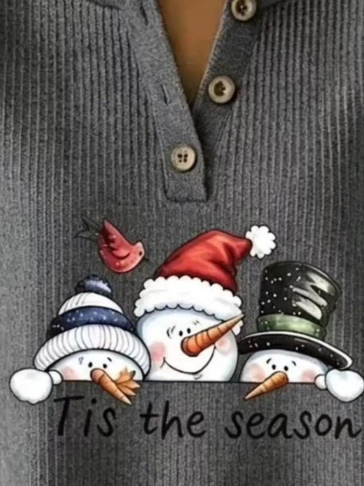 Snowman graphic ribbed Henley sweatshirt in dark gray, graphic and button detail