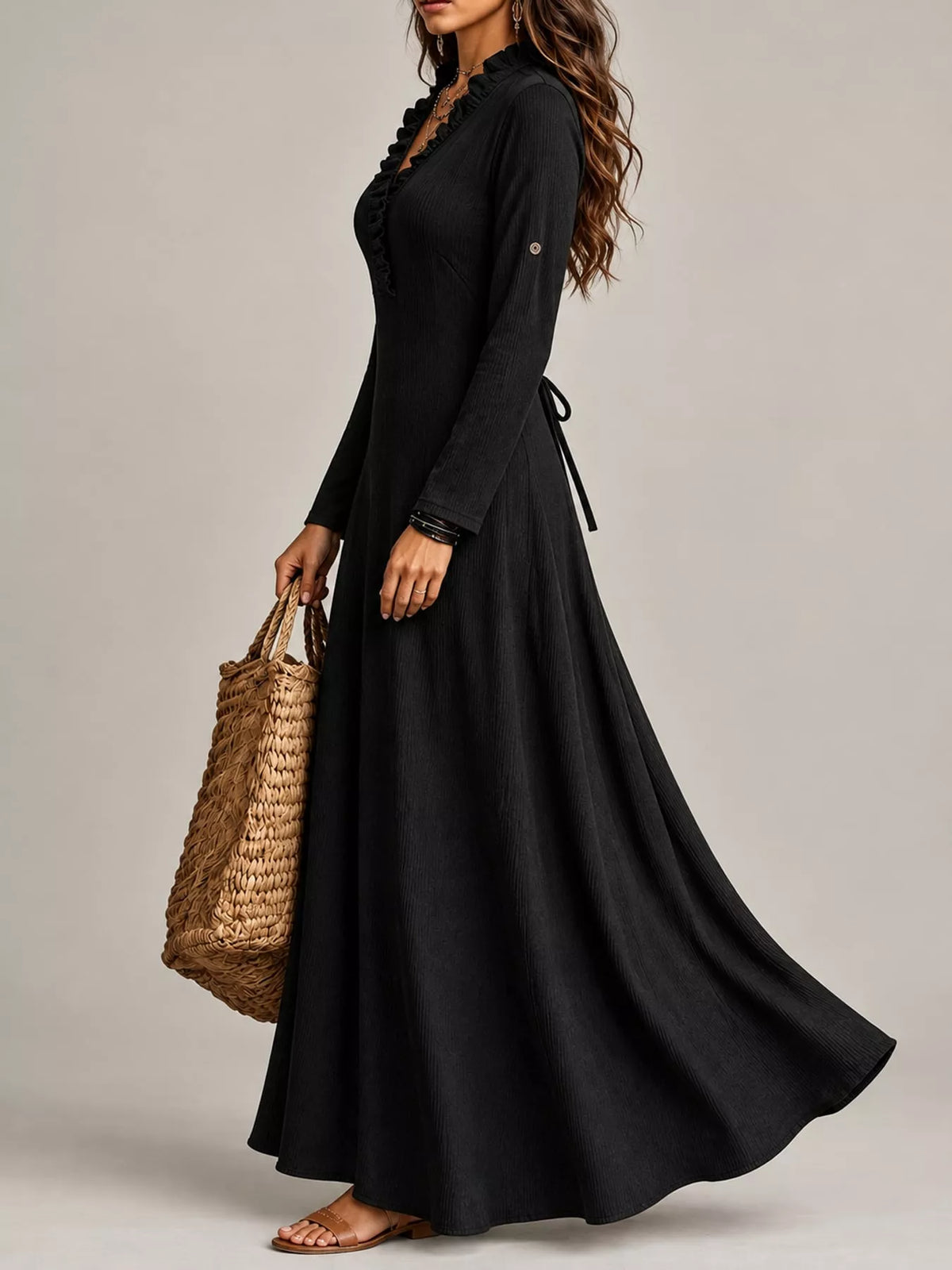 Frill-trim maxi dress, black side