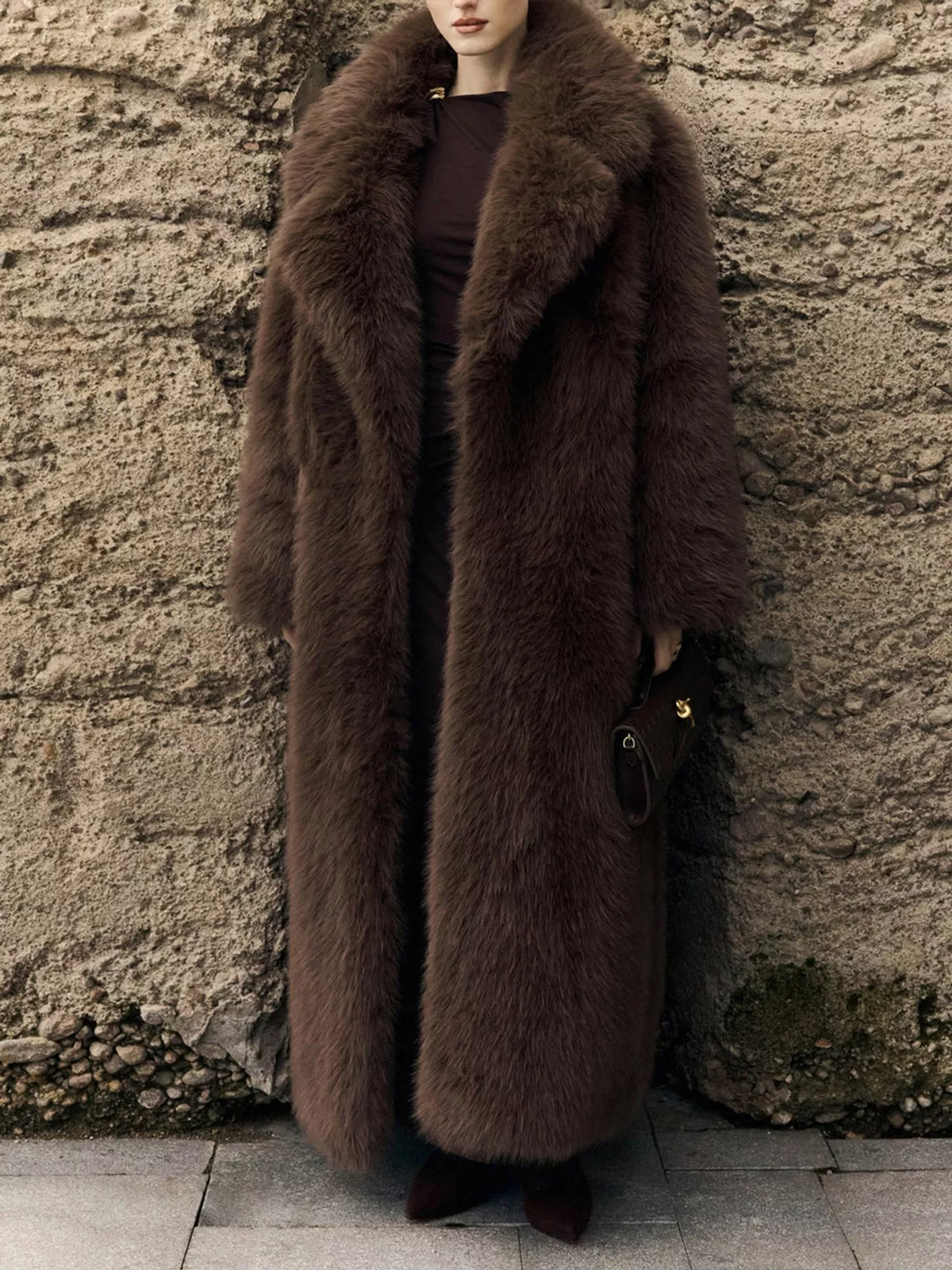 Faux Fur Open Front Longline Coat in coffee