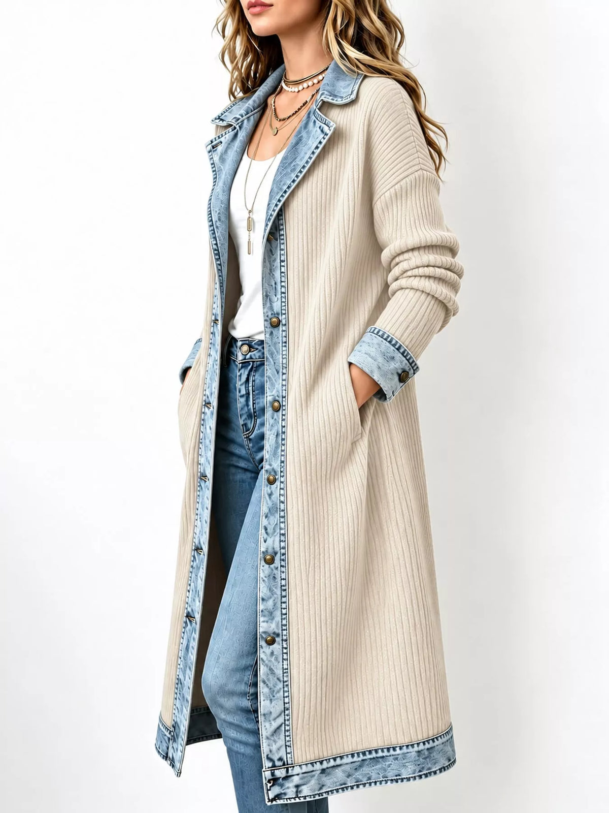 Apricot Genuine Denim denim-trimmed ribbed knit longline cardigan