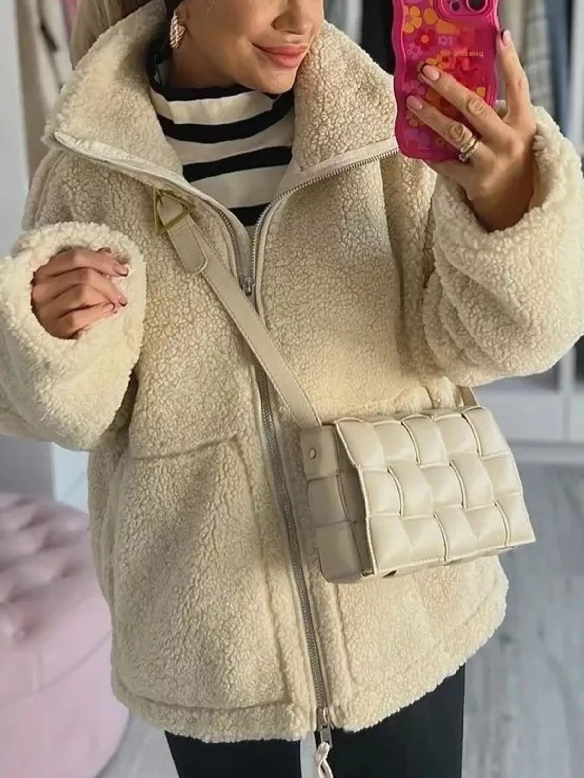 Beige oversized sherpa fleece zip-up jacket