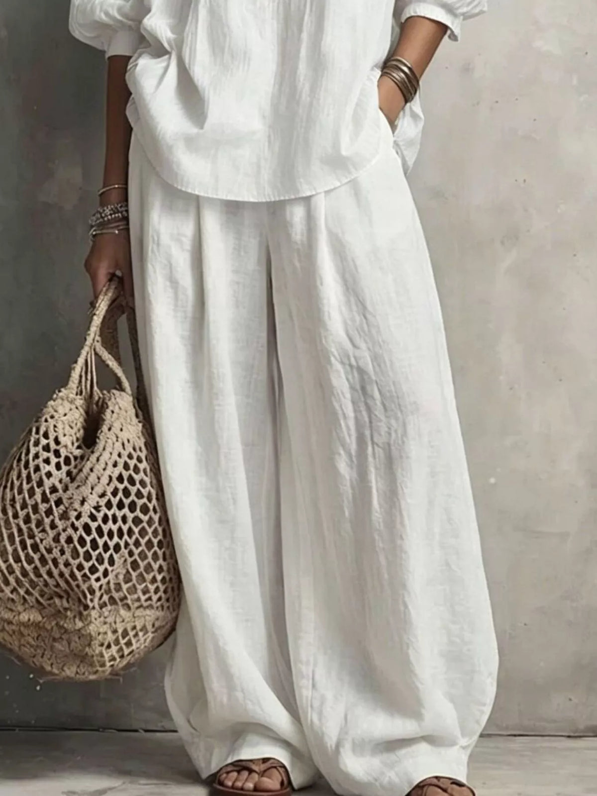 White Notched Long Sleeve Blouse & Wide-Leg Pants Set pants detail
