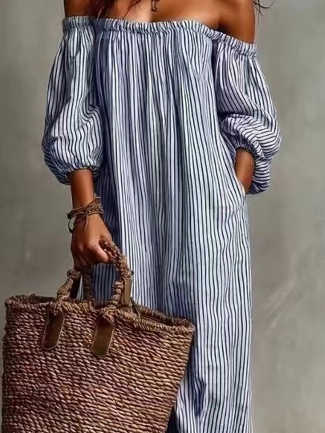 Trendsi Full Size Off-Shoulder Striped Maxi Dress with Puff Sleeves Plus Size -
