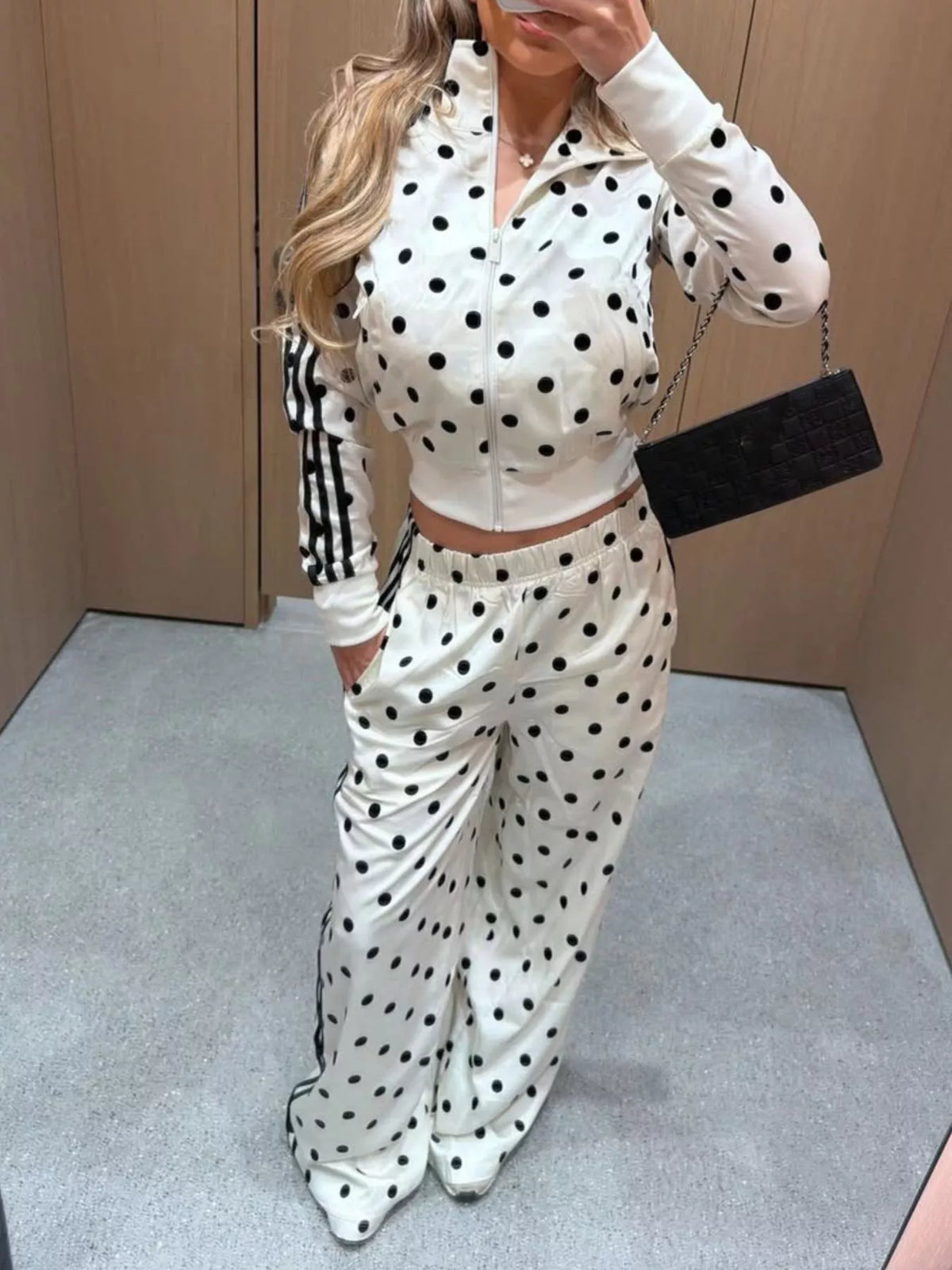 Trendsi Polka Dot Side Striped Outerwear and Pants Set -