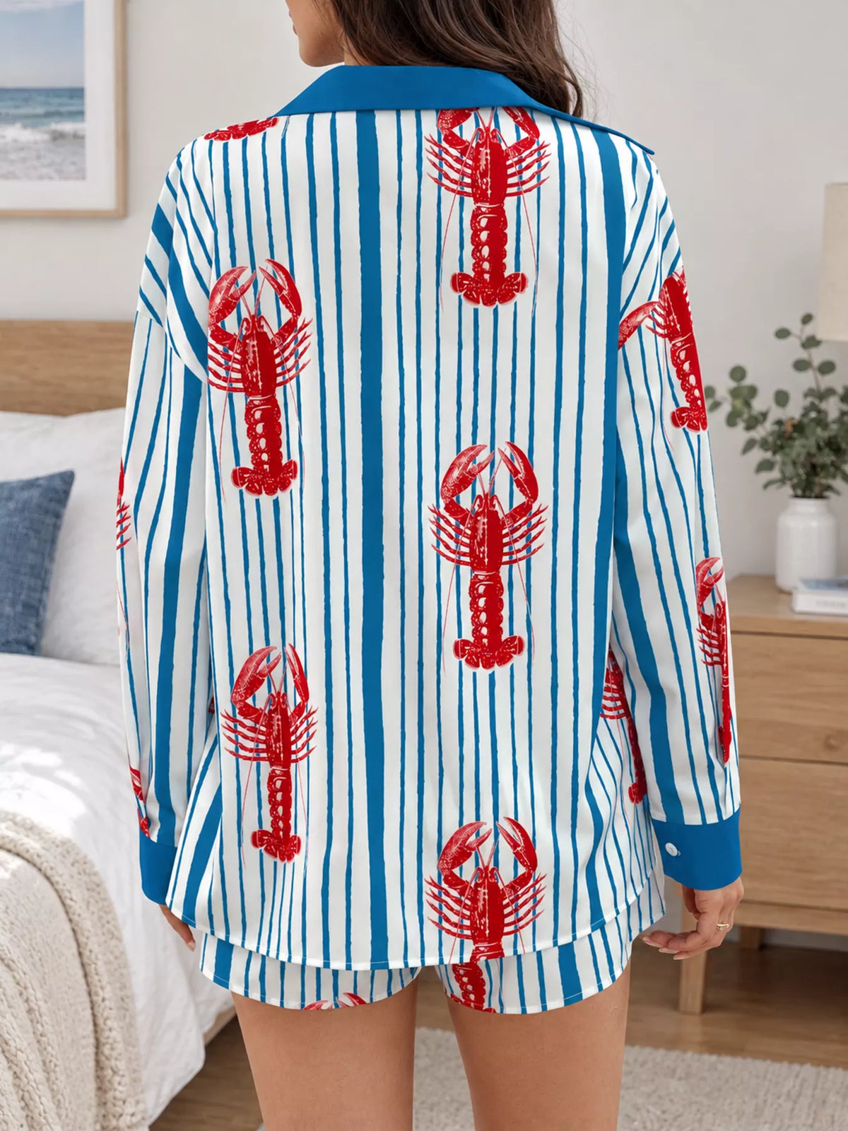 Women's Lobster Print Striped Button-Down Shirt and Shorts Set in blue and white — back view