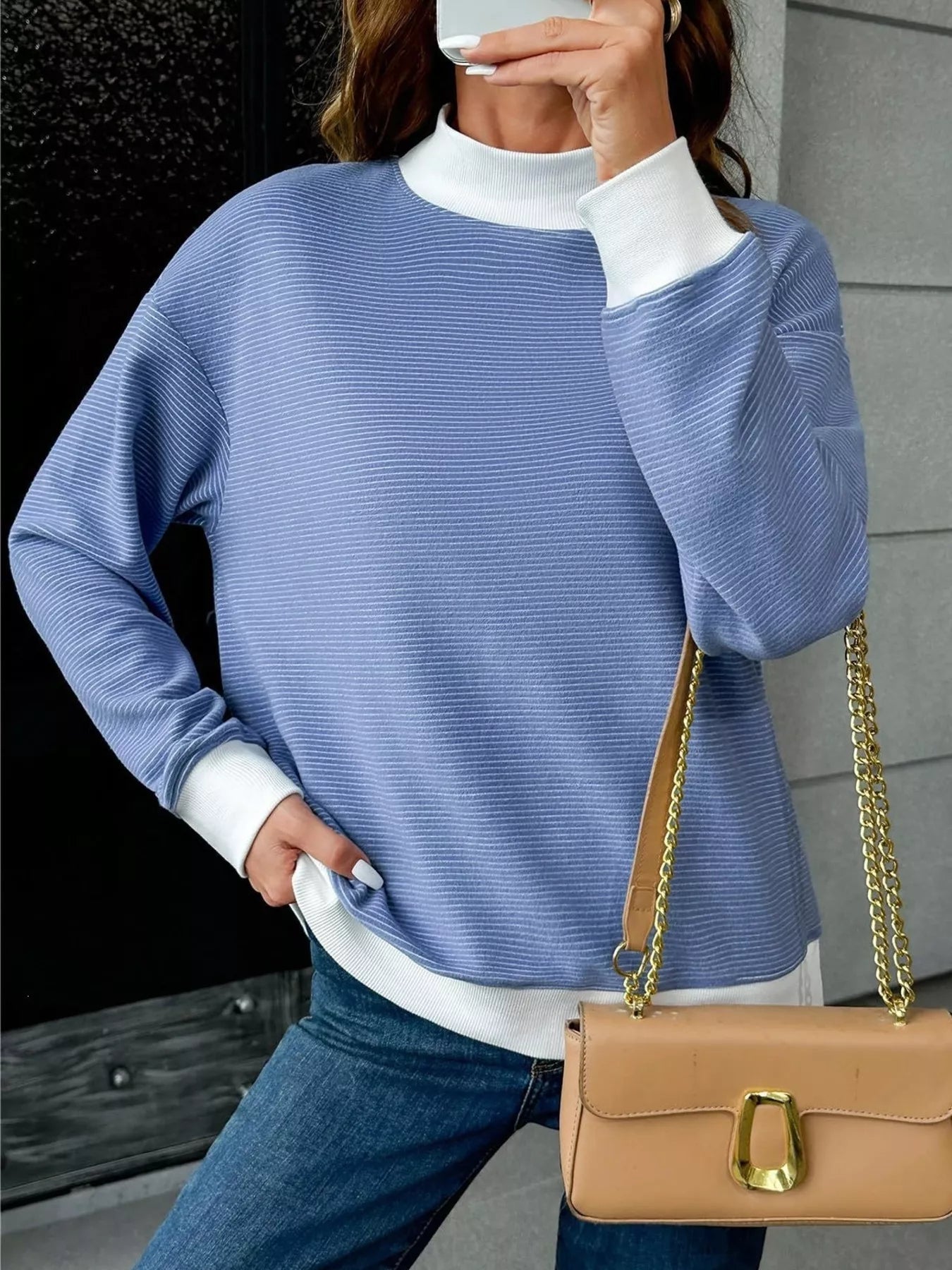Trendsi Casual Mock Neck Striped Long Sleeve T-Shirt -