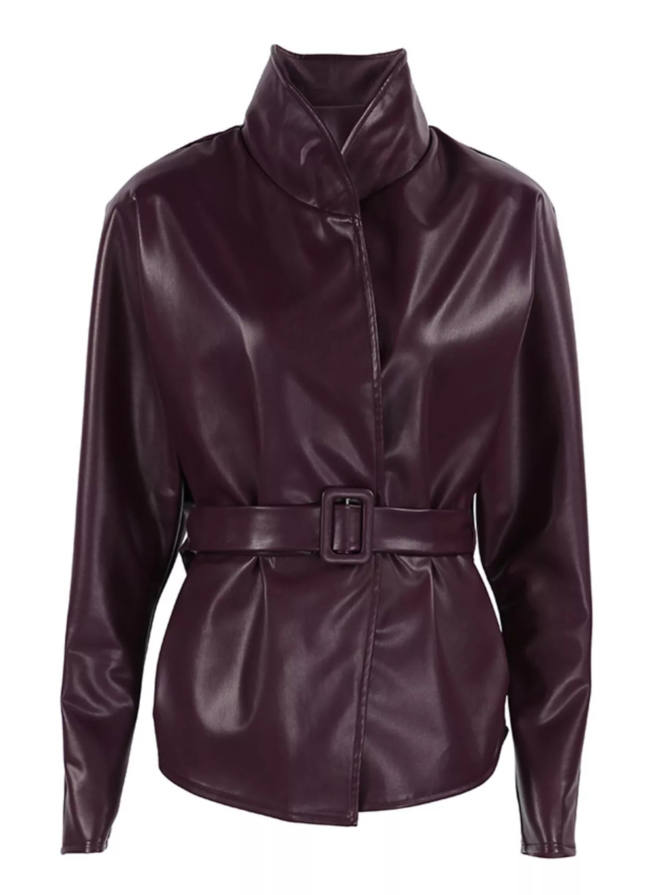 Trendsi Stand Collar Belted Faux Leather Jacket -