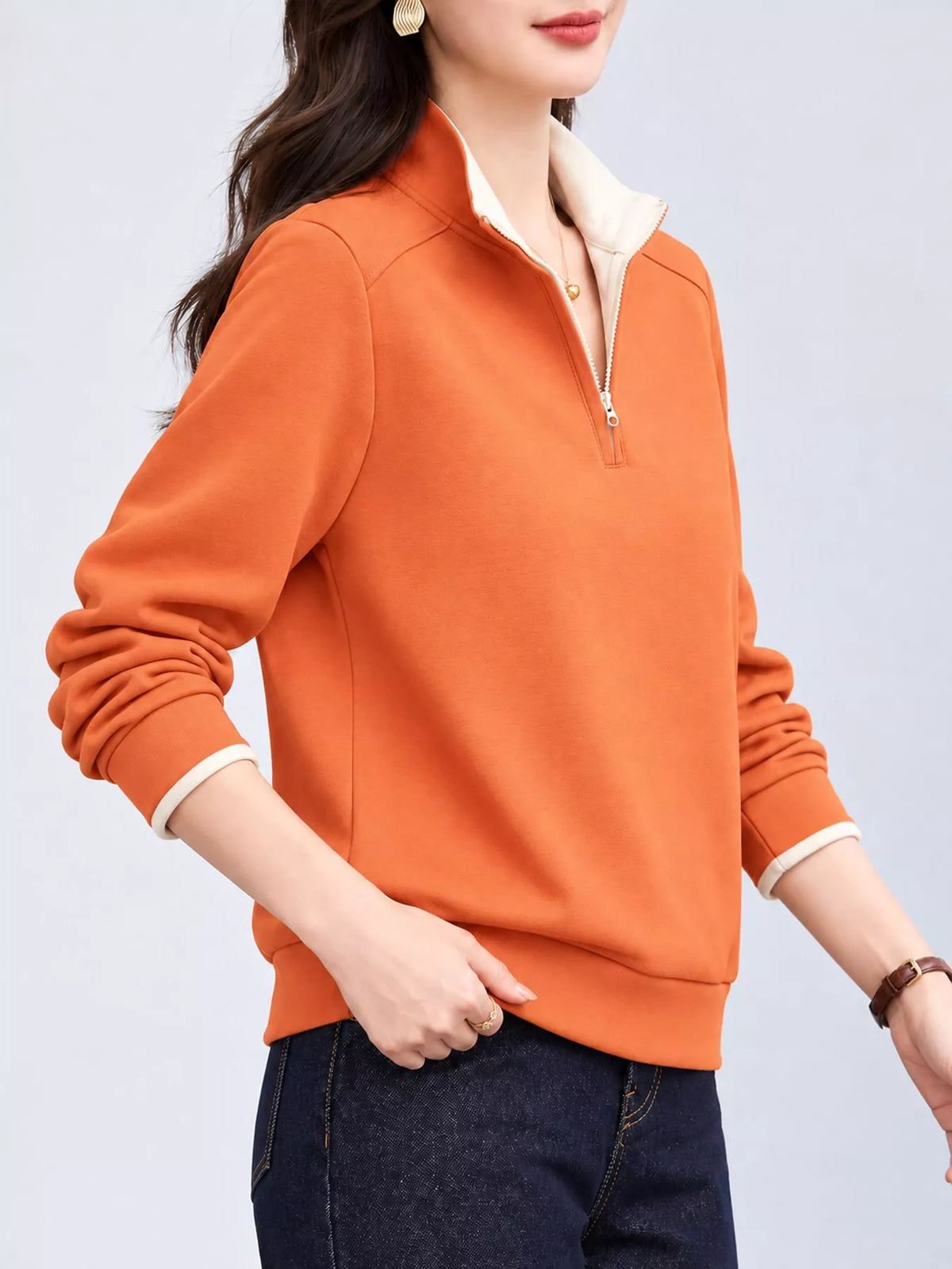 Quarter-Zip Sweatshirt with Contrast Collar in orange