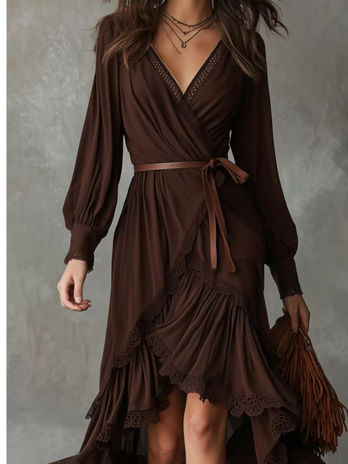 High-Low Hem Surplice Dress in brown