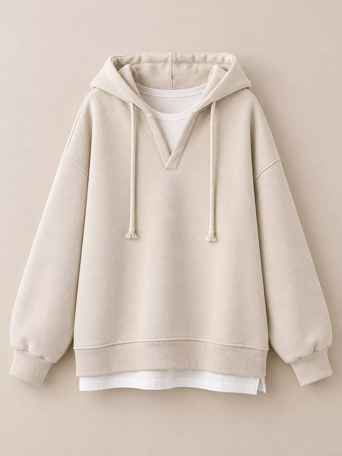 Cream layered look dropped shoulder hoodie, front view