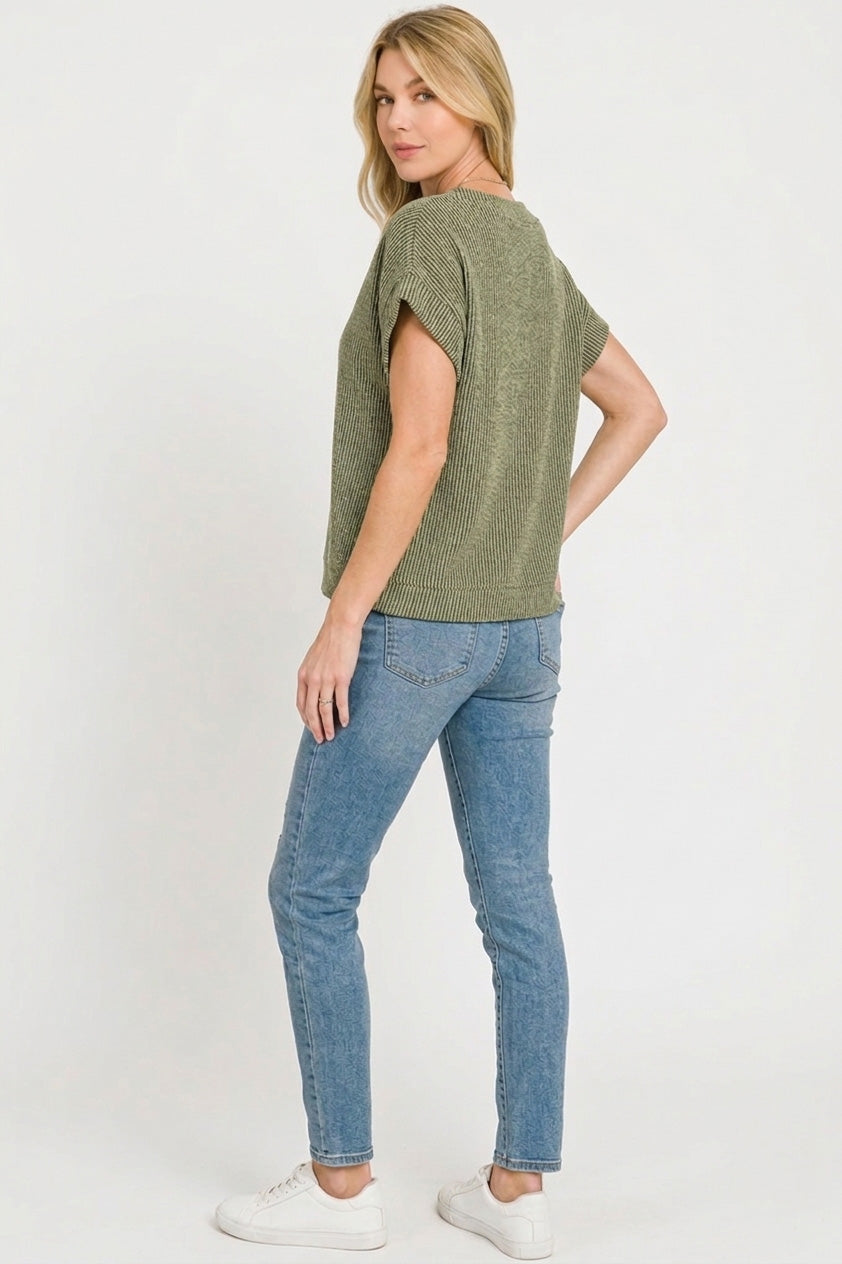 Women's Olive Green Ribbed Cap Sleeve Relaxed-Fit Top — product view 3