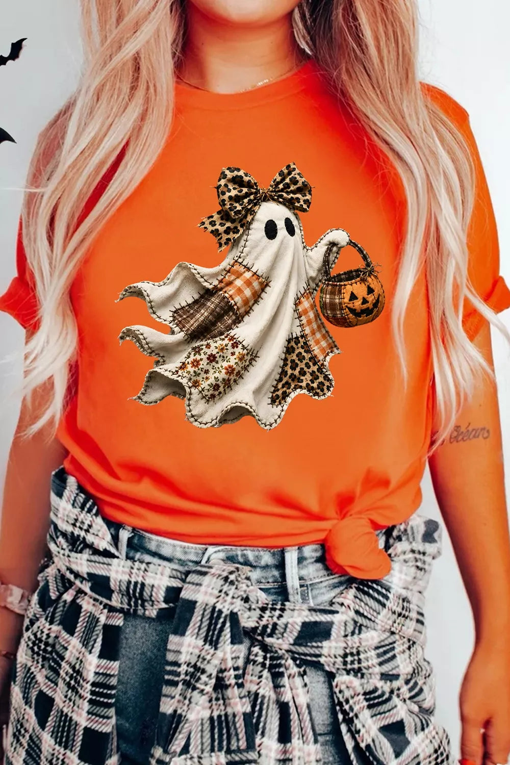 Orange Halloween Ghost Graphic Short Sleeve T-Shirt knotted front view