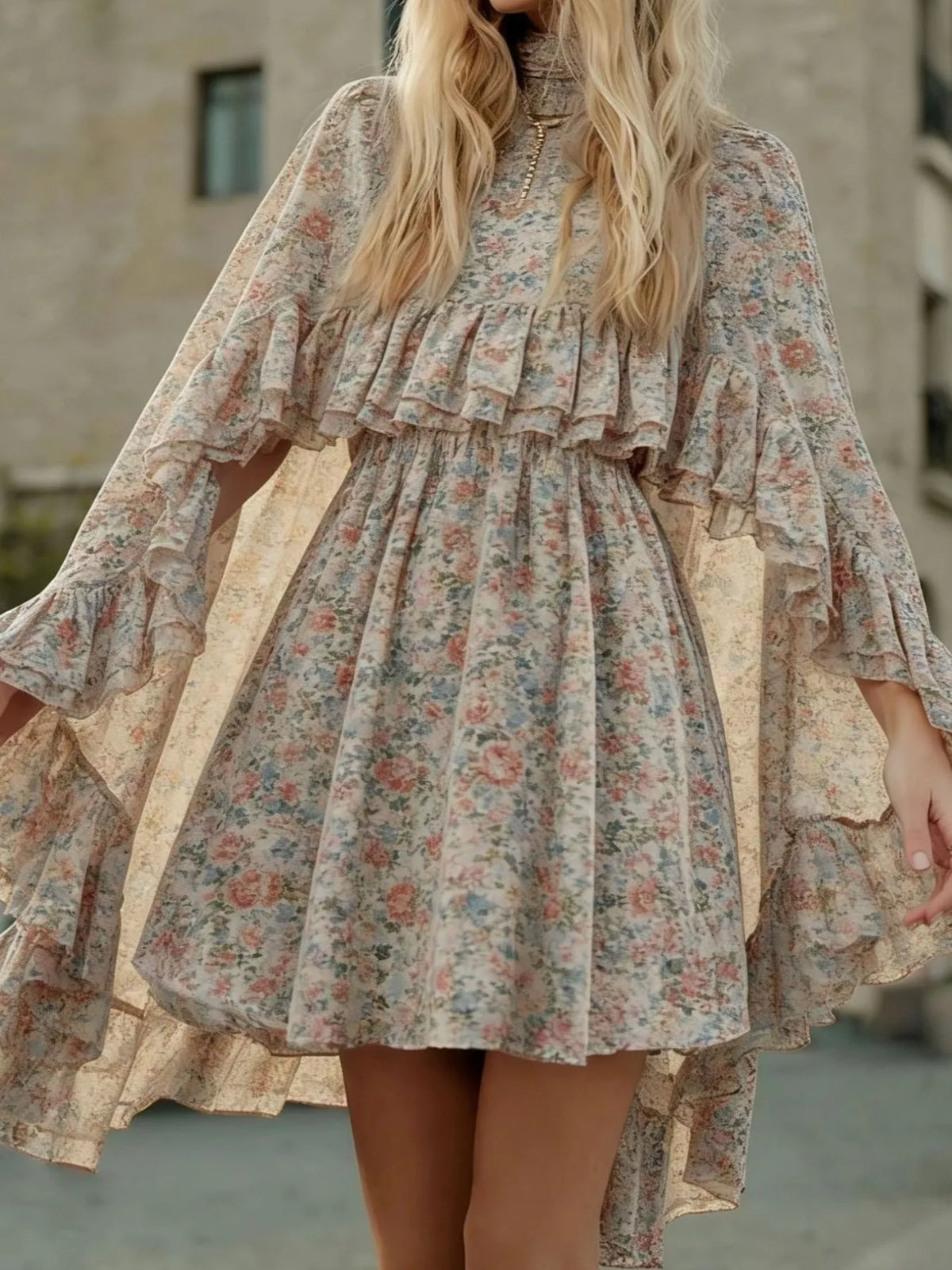 Mock neck long sleeve mini dress, front view on model