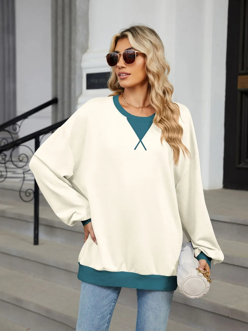 Trendsi Contrast Round Neck Long Sleeve Sweatshirt -