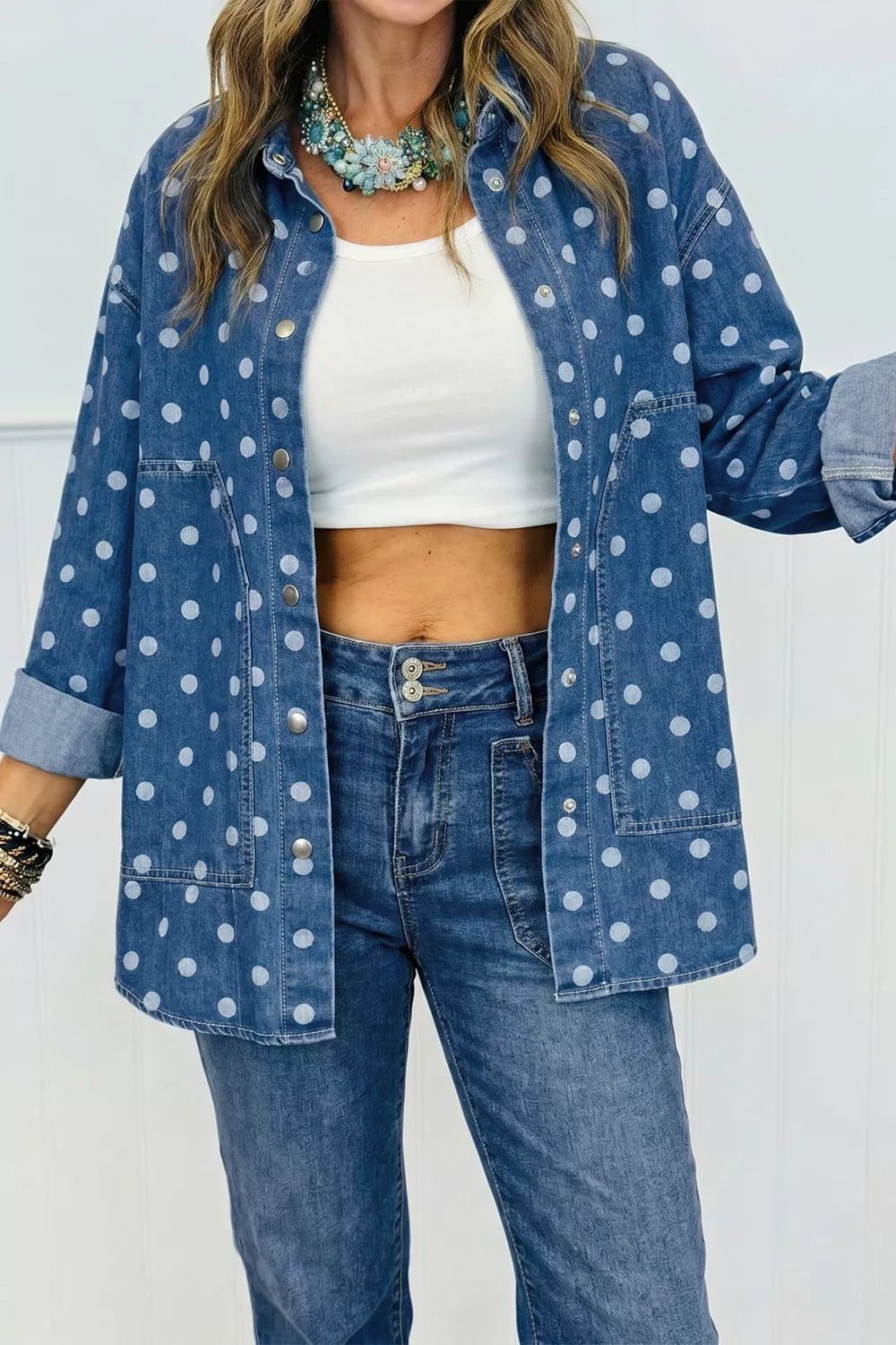 Trendsi Polka Dot Long Sleeve Collar Shift Tunic Denim Jacket -