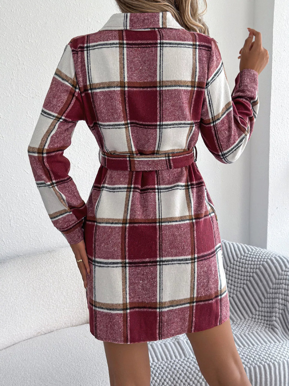 Plaid button-front belted shirt dress, back view