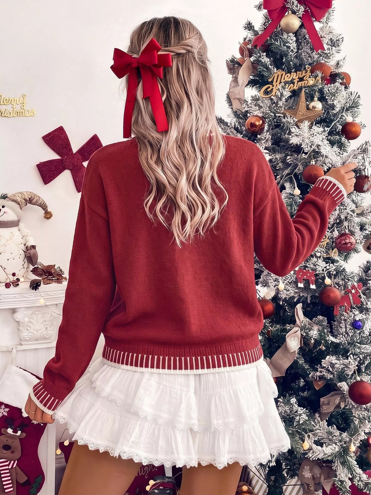 Red merry letter crew neck sweater, back view