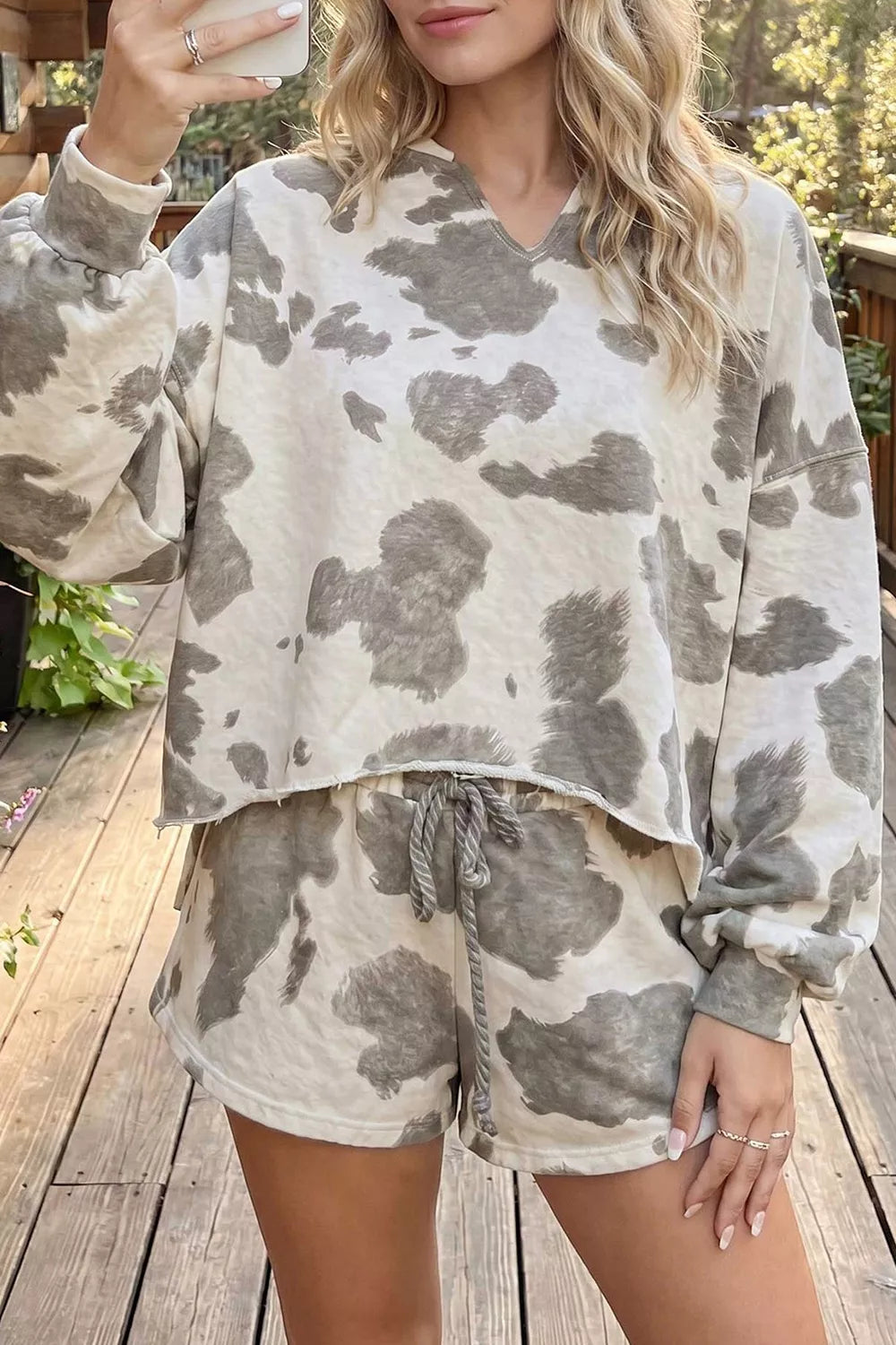 Trendsi Cow Print Top and Drawstring Shorts Set -