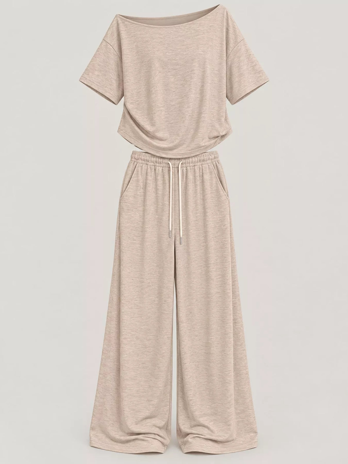 Beige boat neck top and wide-leg pants set — front view