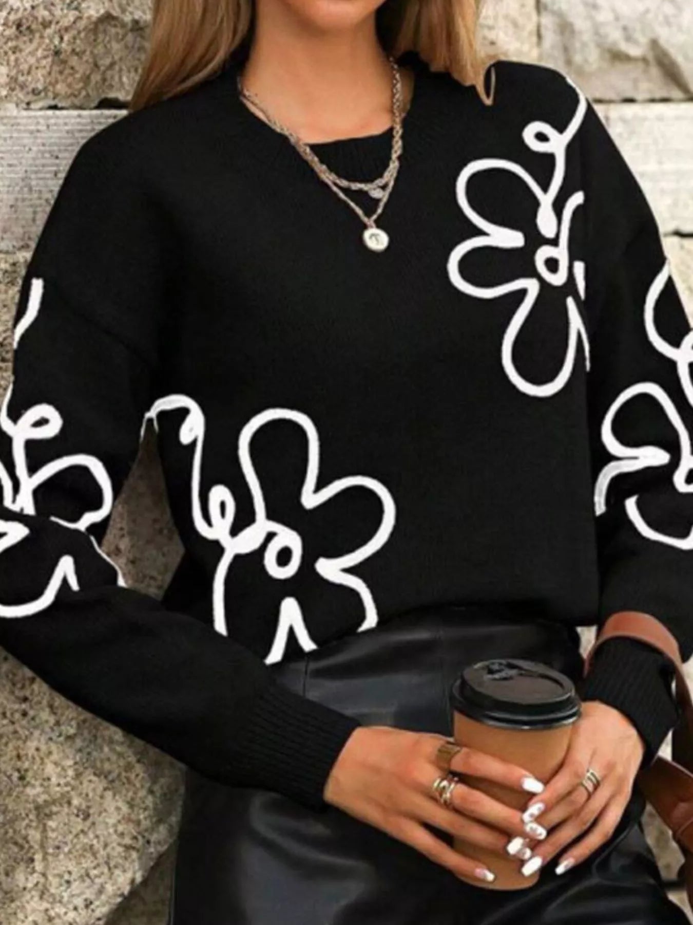 Trendsi Flower Dropped Shoulder Sweater -