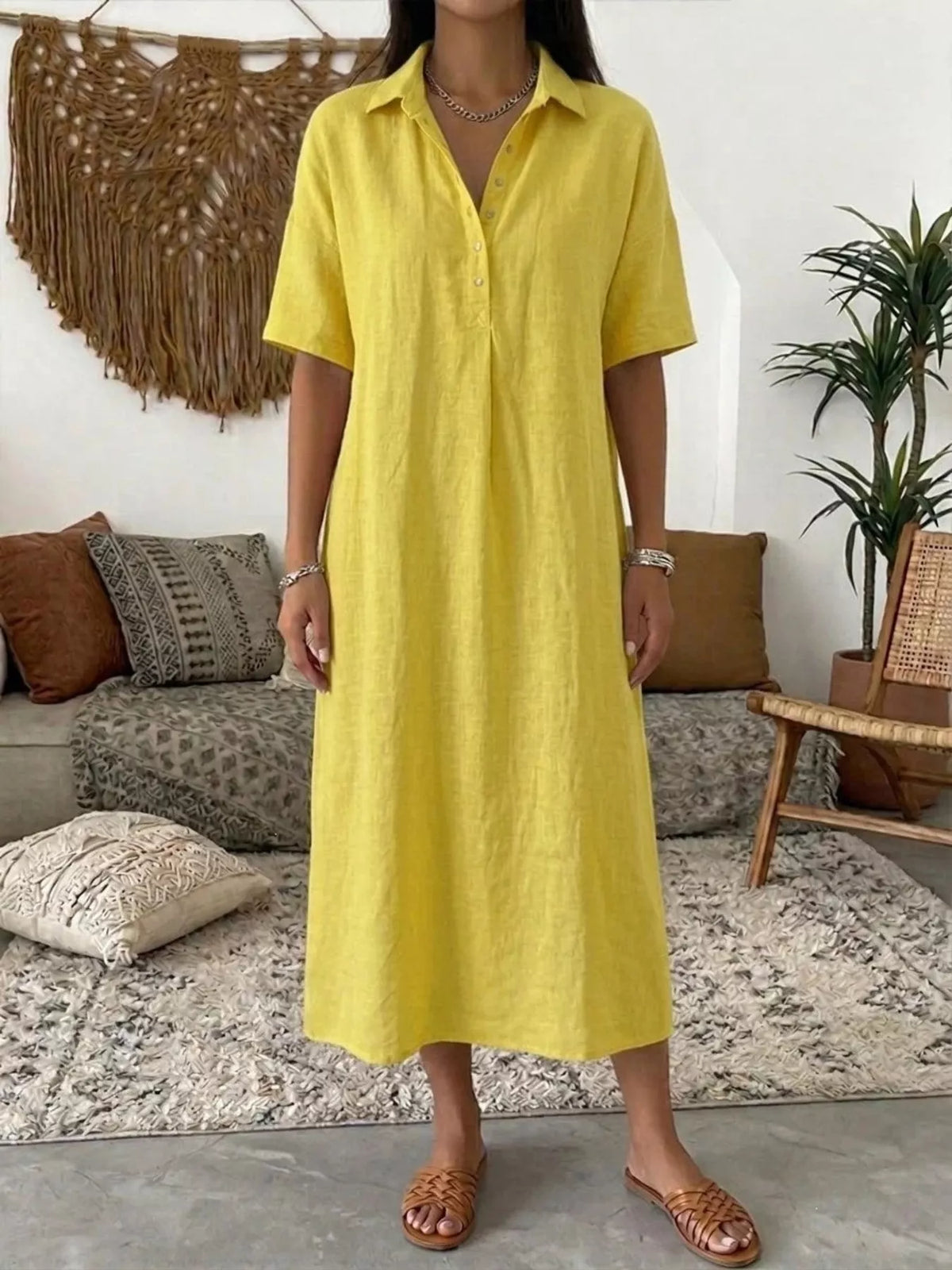 Yellow Button-Front Short Sleeve Midi Shirt Dress front view