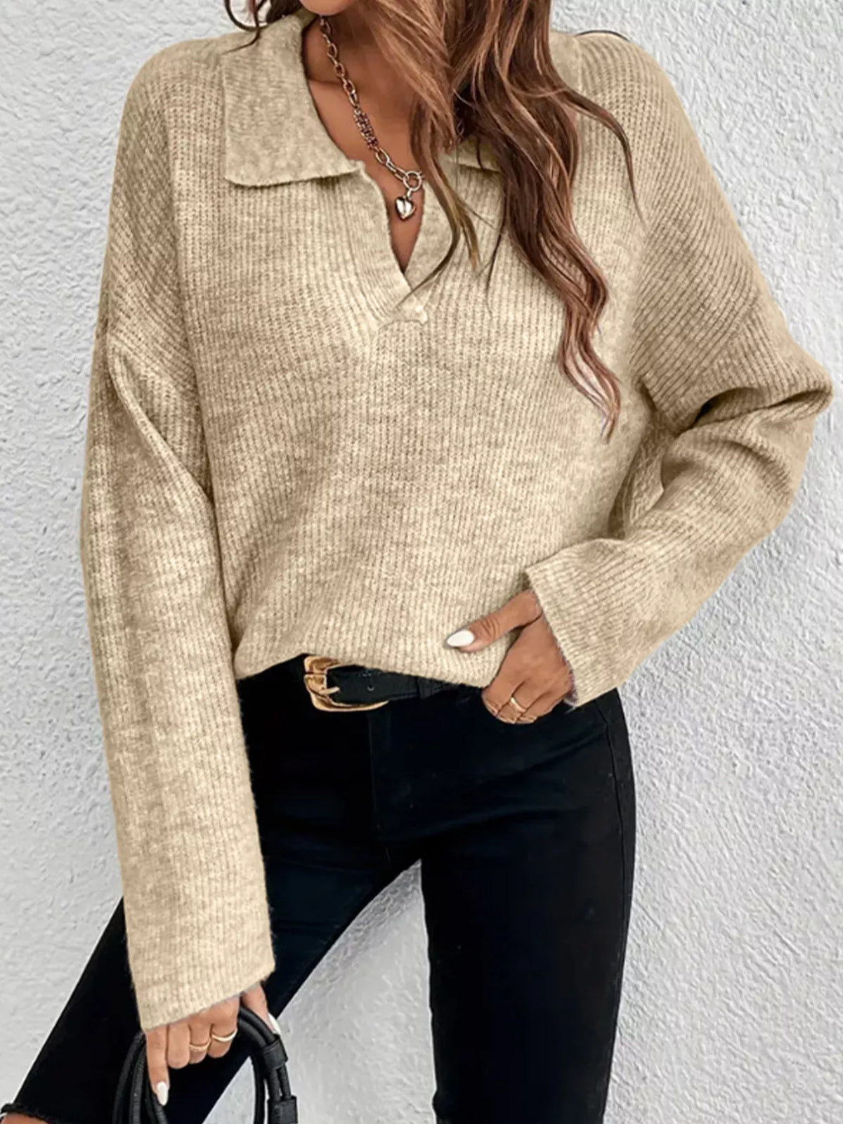 Khaki Ribbed Knit Dropped-Shoulder Collared Sweater front view