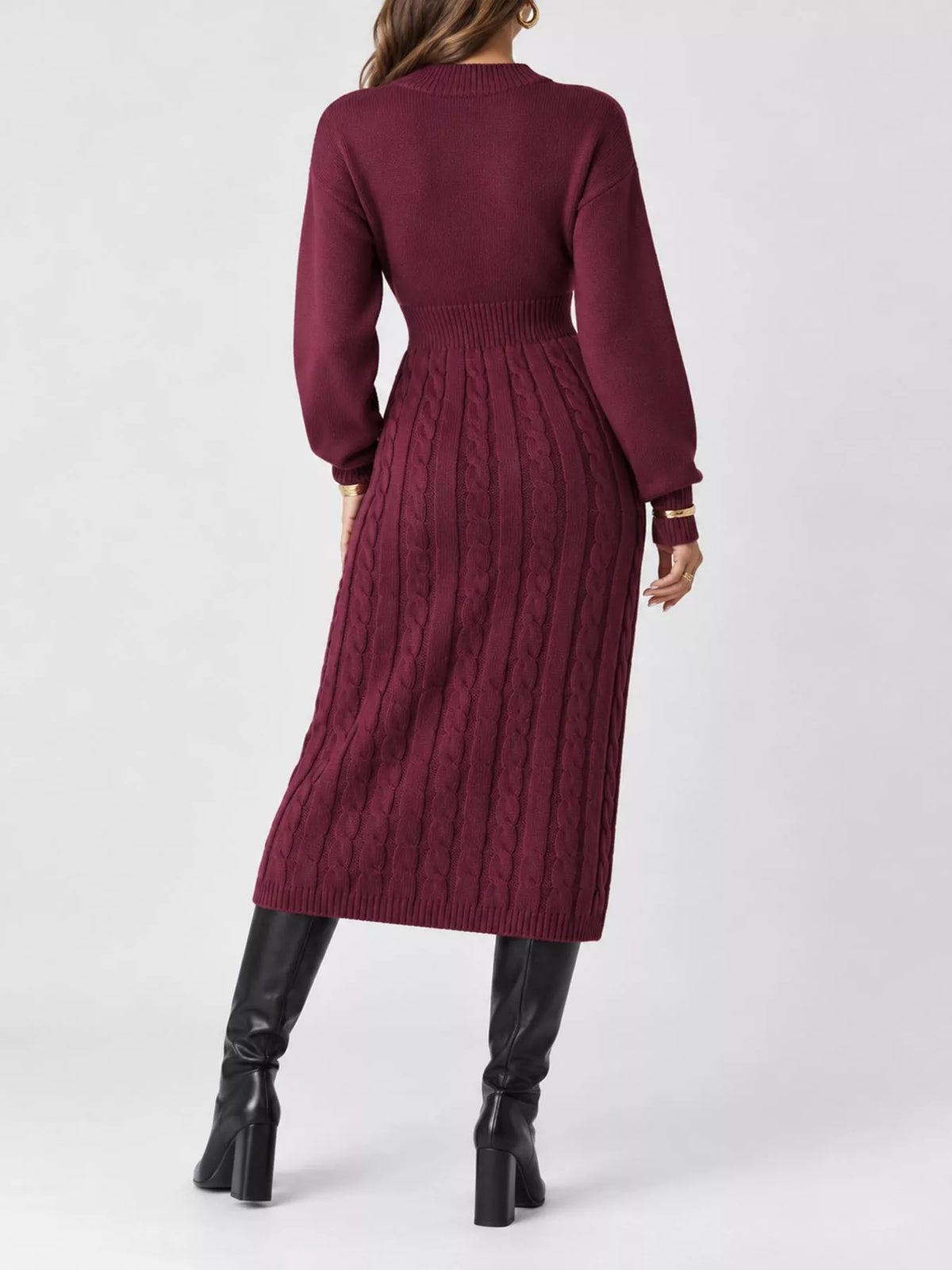 Women's Mock Neck Cable Knit Sweater Dress with Front Slit in burgundy — back view