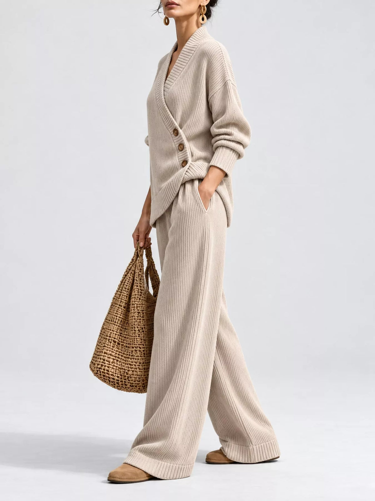 V-Neck Wrap Sweater and Wide-Leg Pants Set — side view