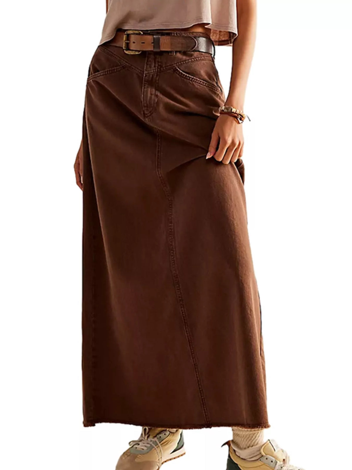 Raw Hem Maxi Denim Skirt — front view