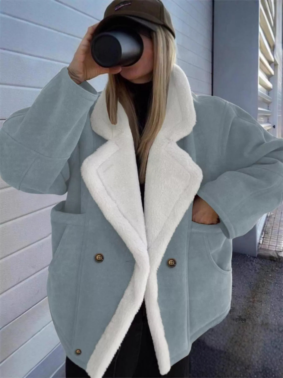 Plush-Lined Double-Breasted Jacket in blue, front view