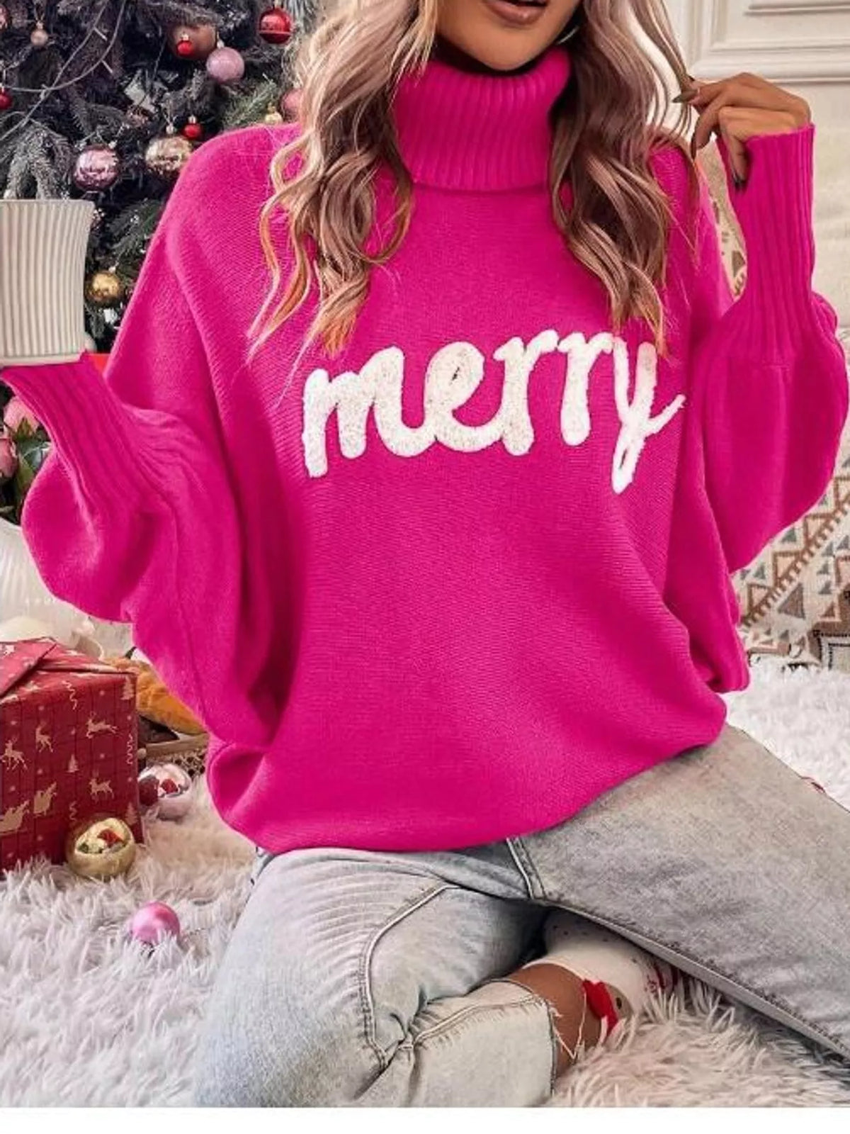 Hot Pink lettering turtleneck sweater