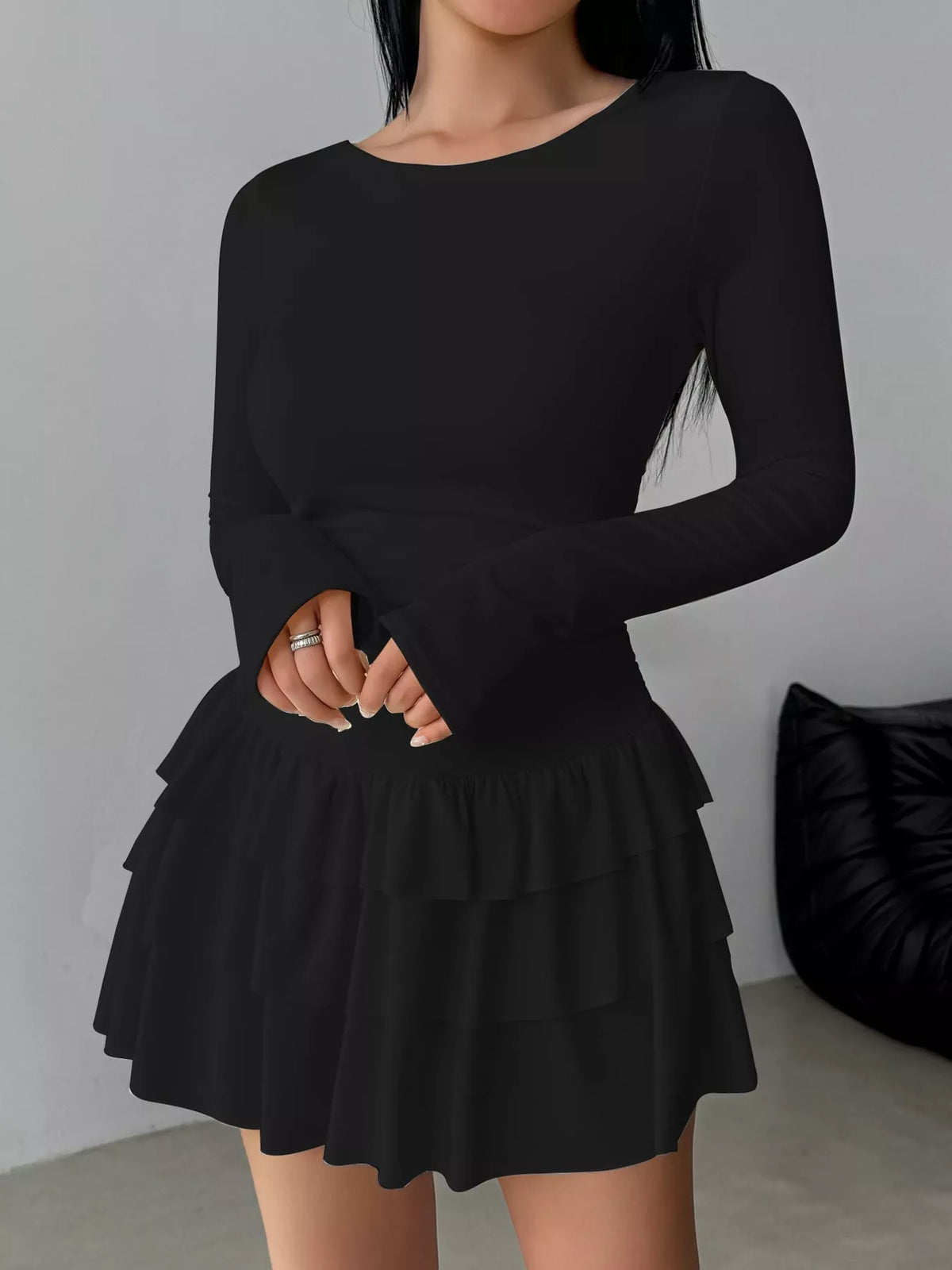 Black layered ruffle mini dress