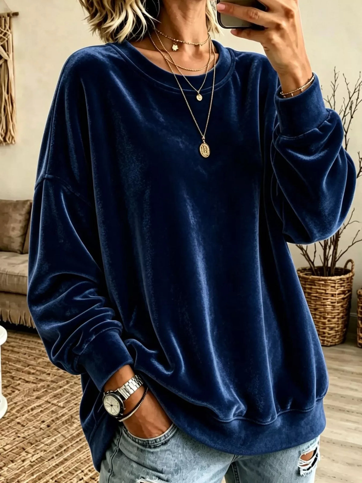 Women's Velvet Dropped Shoulder Crew Neck Sweatshirt in navy — front view