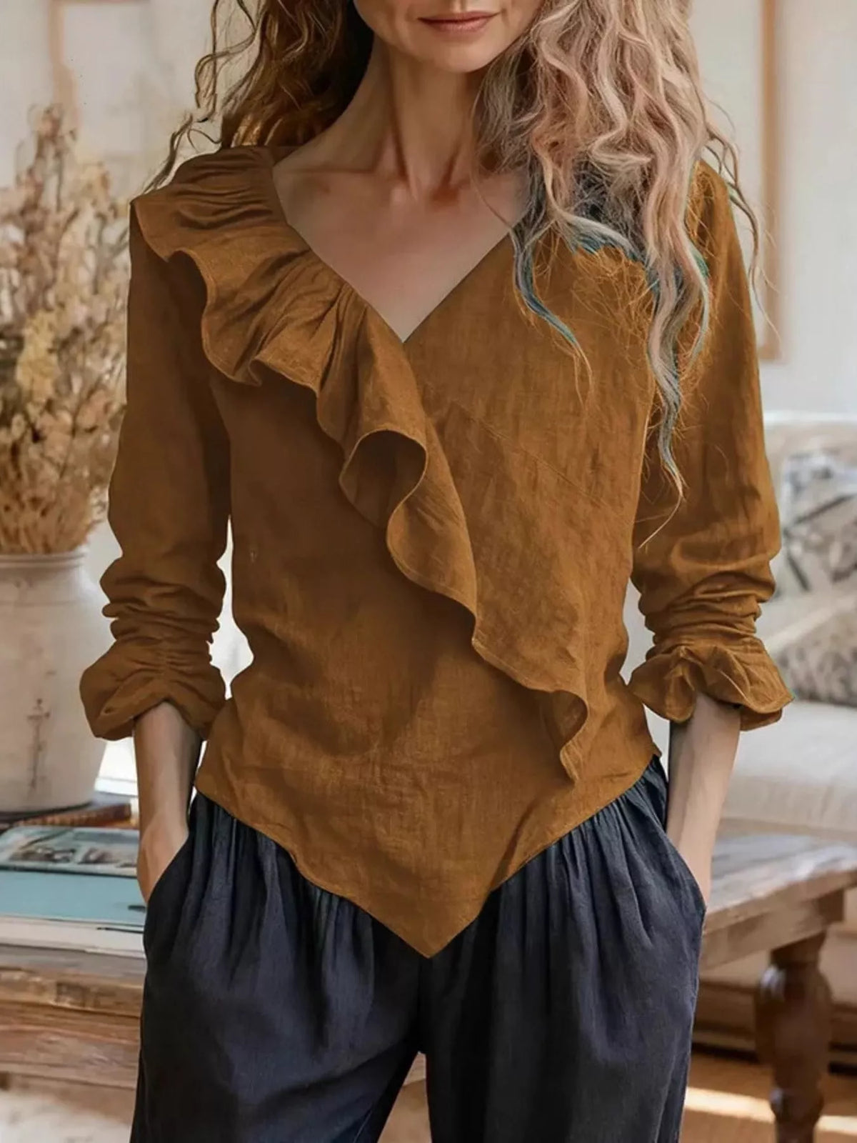 Trendsi V-Neck Ruffled Long Sleeve Blouse -