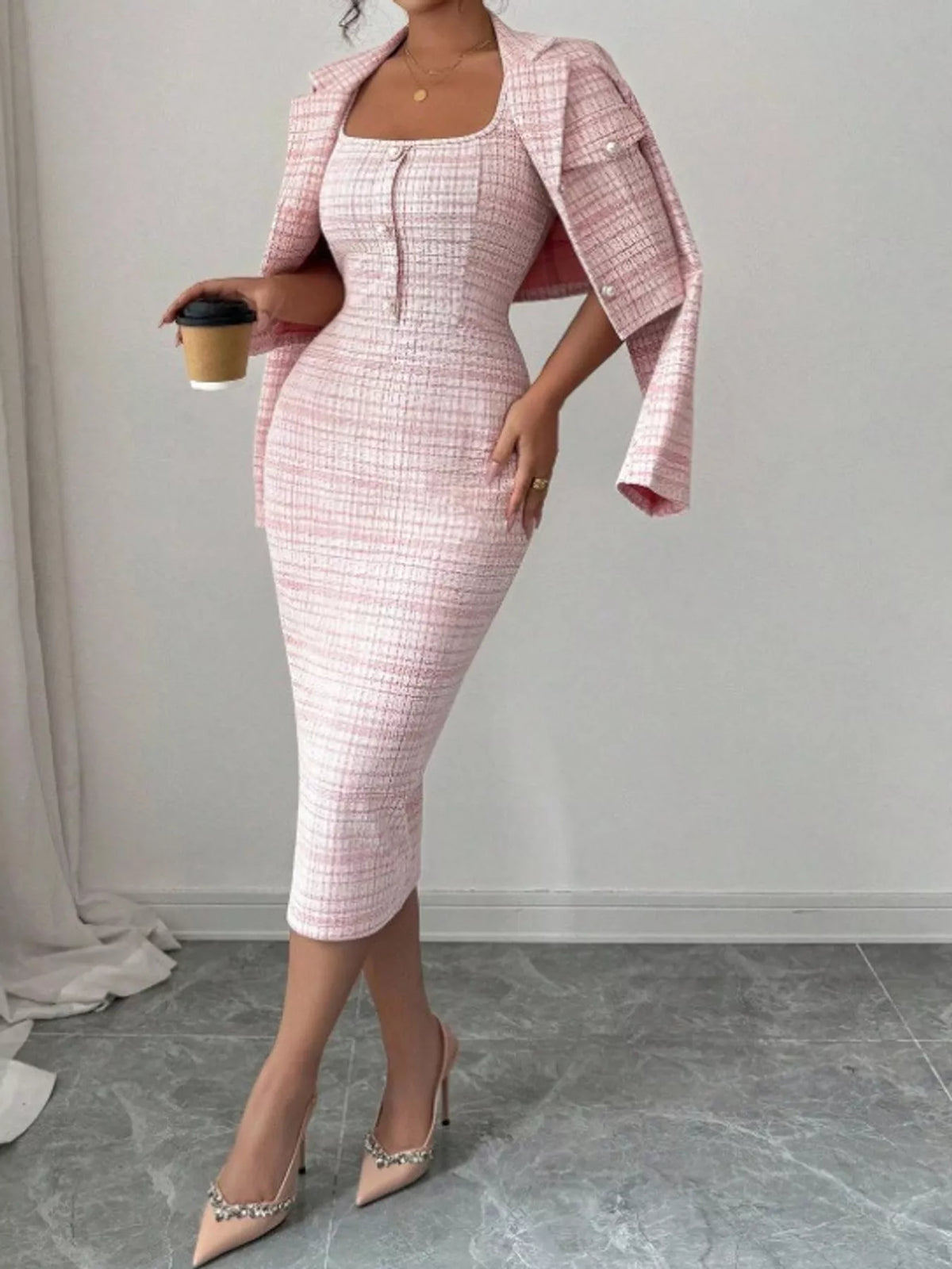 Tweed dress and cardigan set, pink full set front