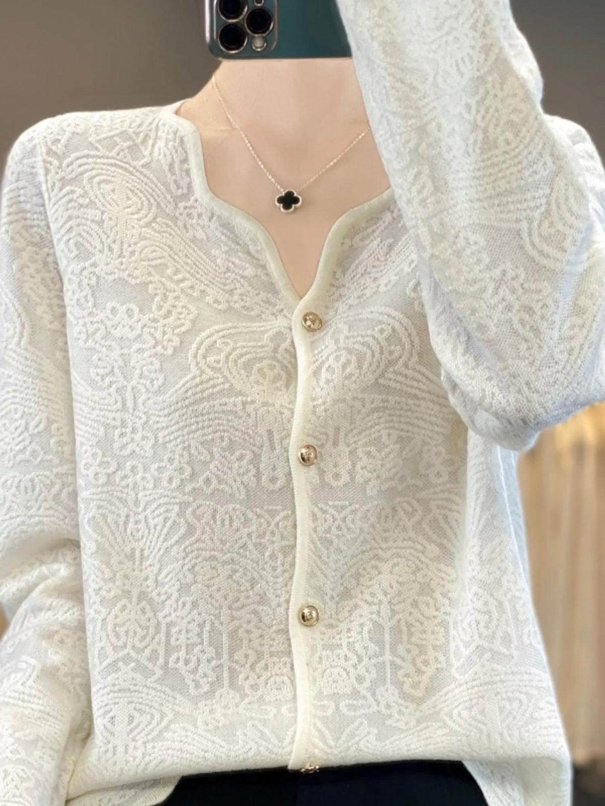 Lace-trim cardigan, cream neckline detail