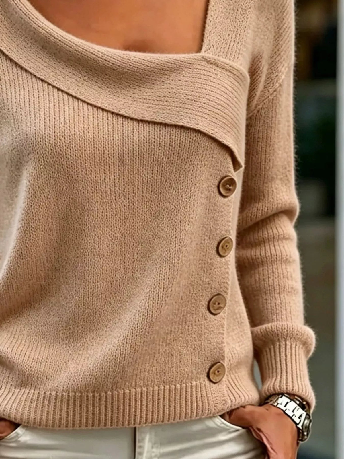 Women's Asymmetric Neckline Button-Decorated Sweater in beige — neckline detail view