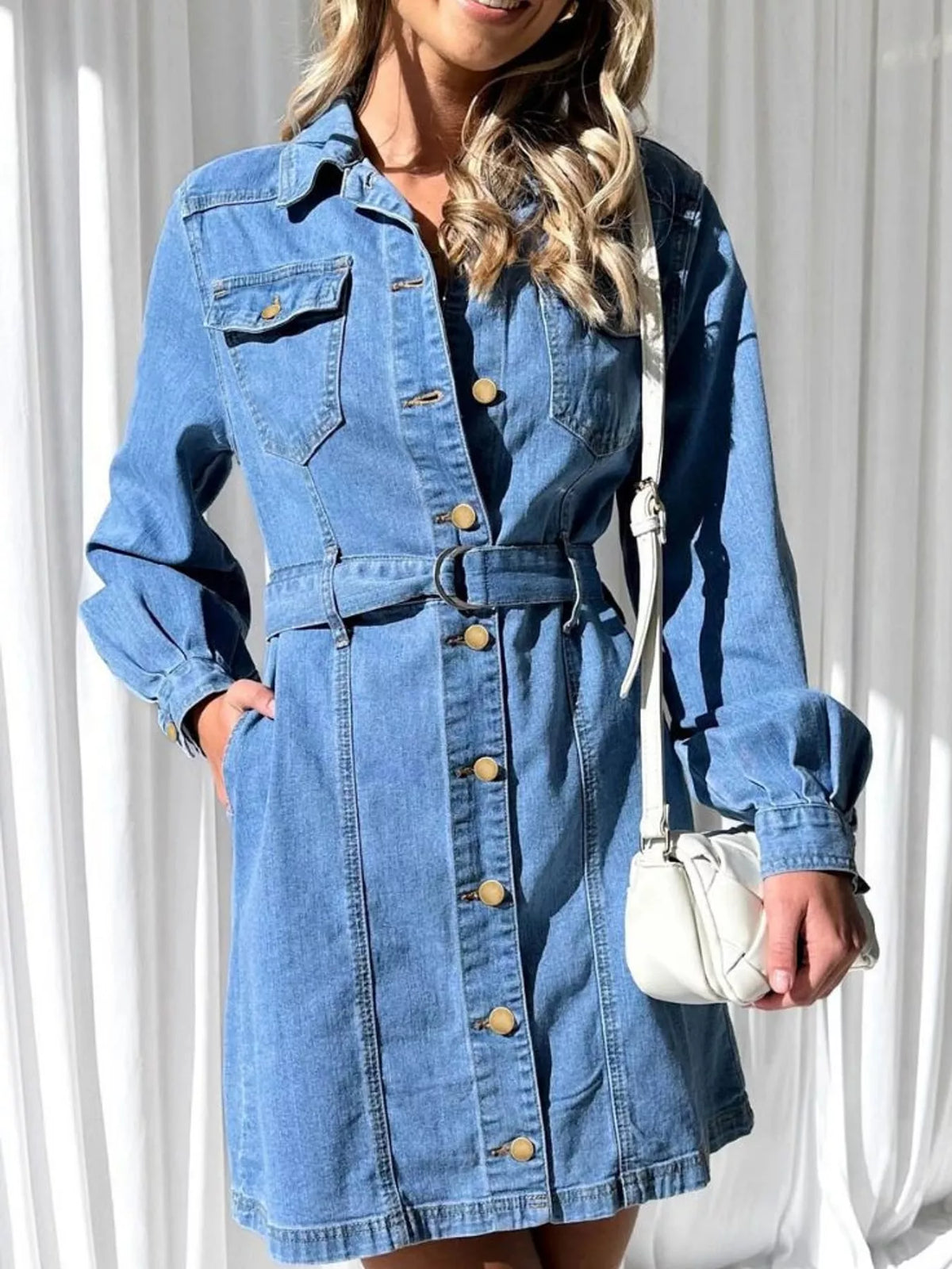 Button-Down Denim Dress with Belted Waist and Long Sleeves, front view
