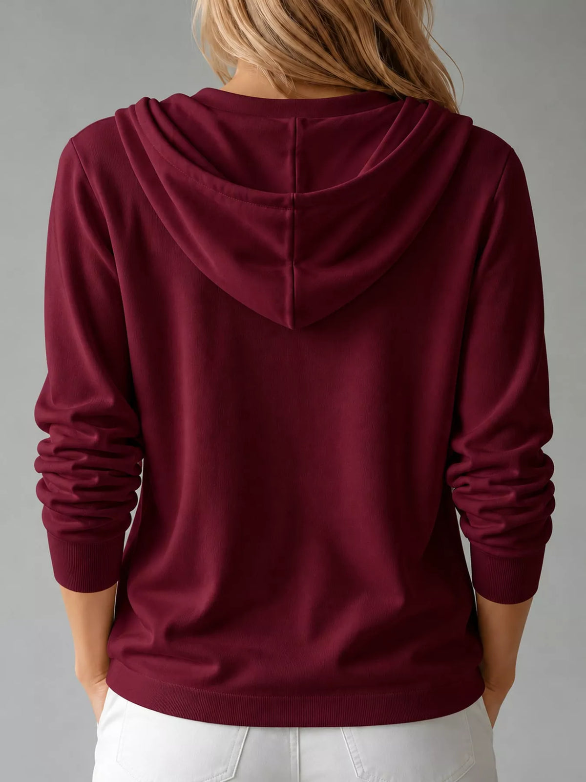 Hooded long sleeve cardigan, back view